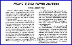 Vintage McIntosh MC240 Audiophile Stereo Vacuum Tube Power Amplifier 40 WPC